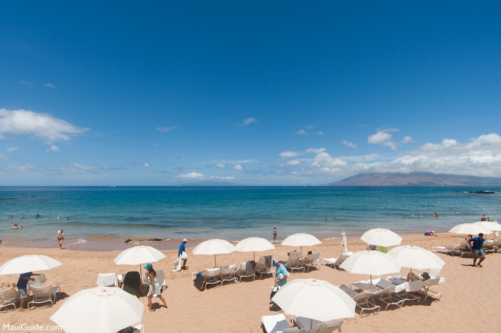 Beach umbrellas beside Mōkapu Beach at Andaz Maui in 2015