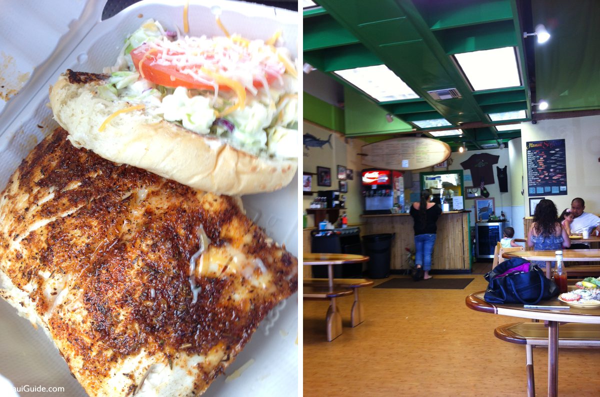 Fish plate and casual dining area at Coconuts Fish Cafe in Kihei