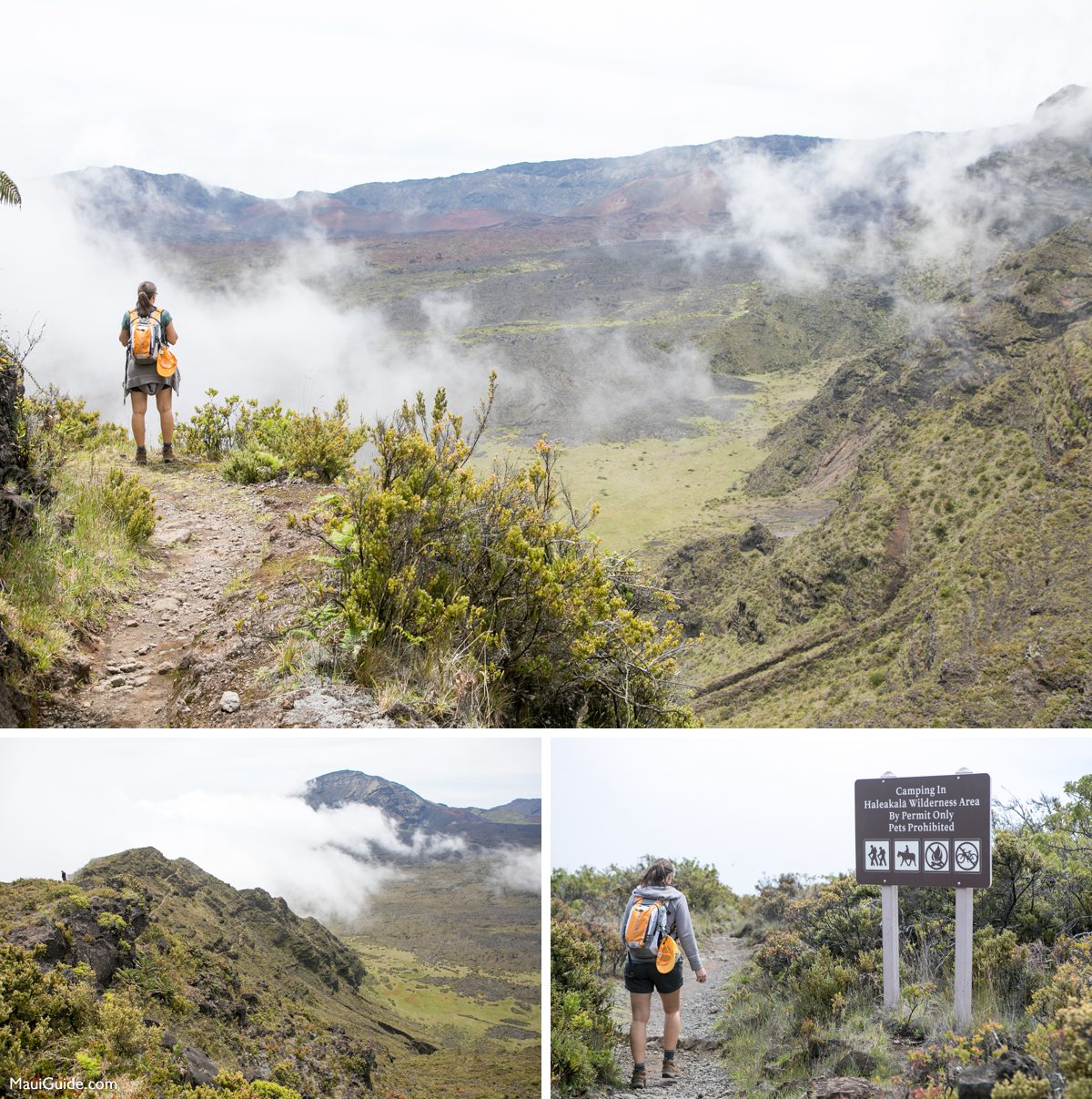 Hiker, valley views and trailhead on the Halemauu Trail