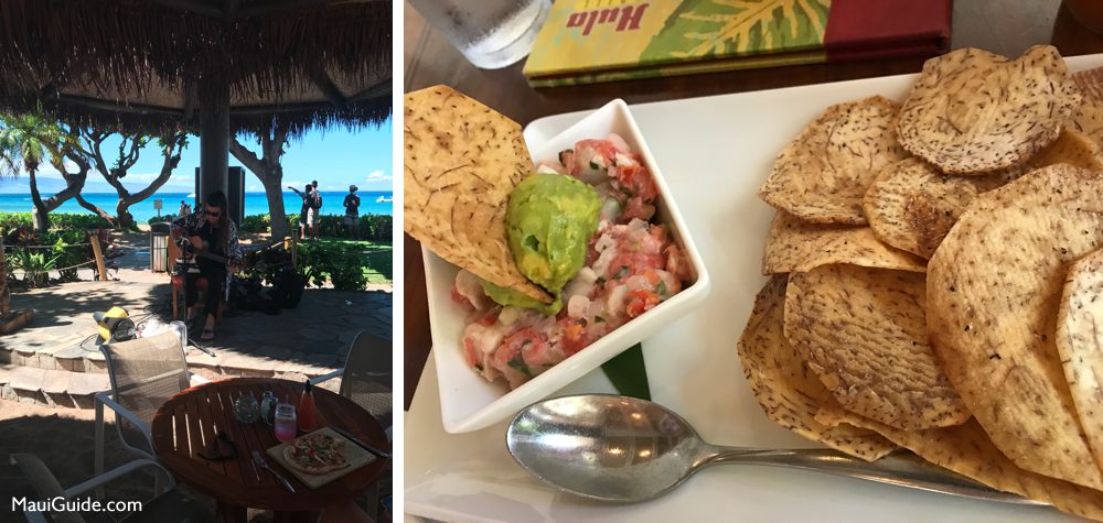 Oceanfront musician and pupu with taro chips at Hula Grill