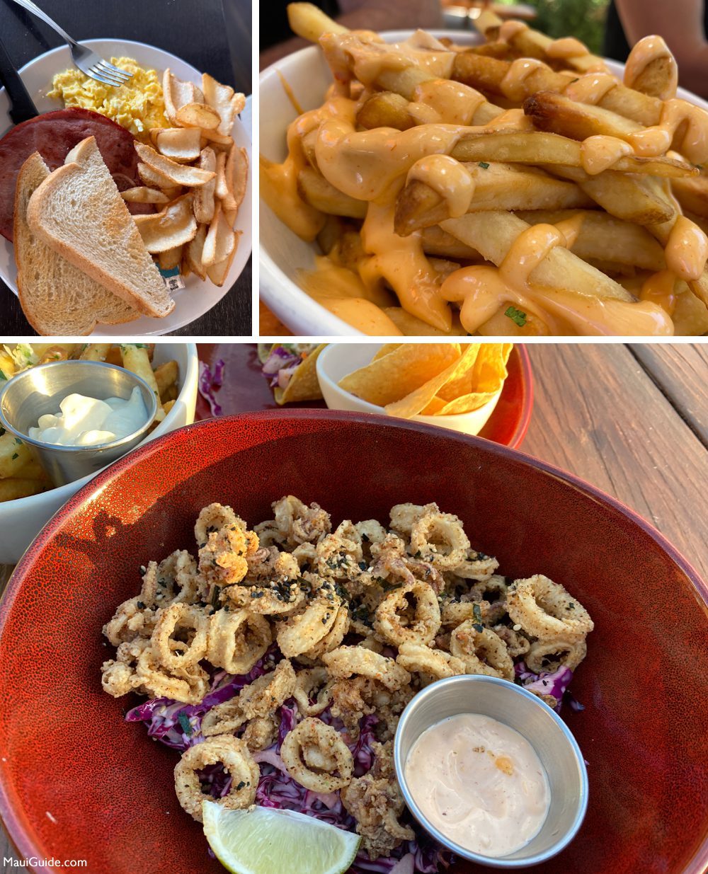 Kihei Caffe breakfast, loaded fries and Maui Brewing Company calamari
