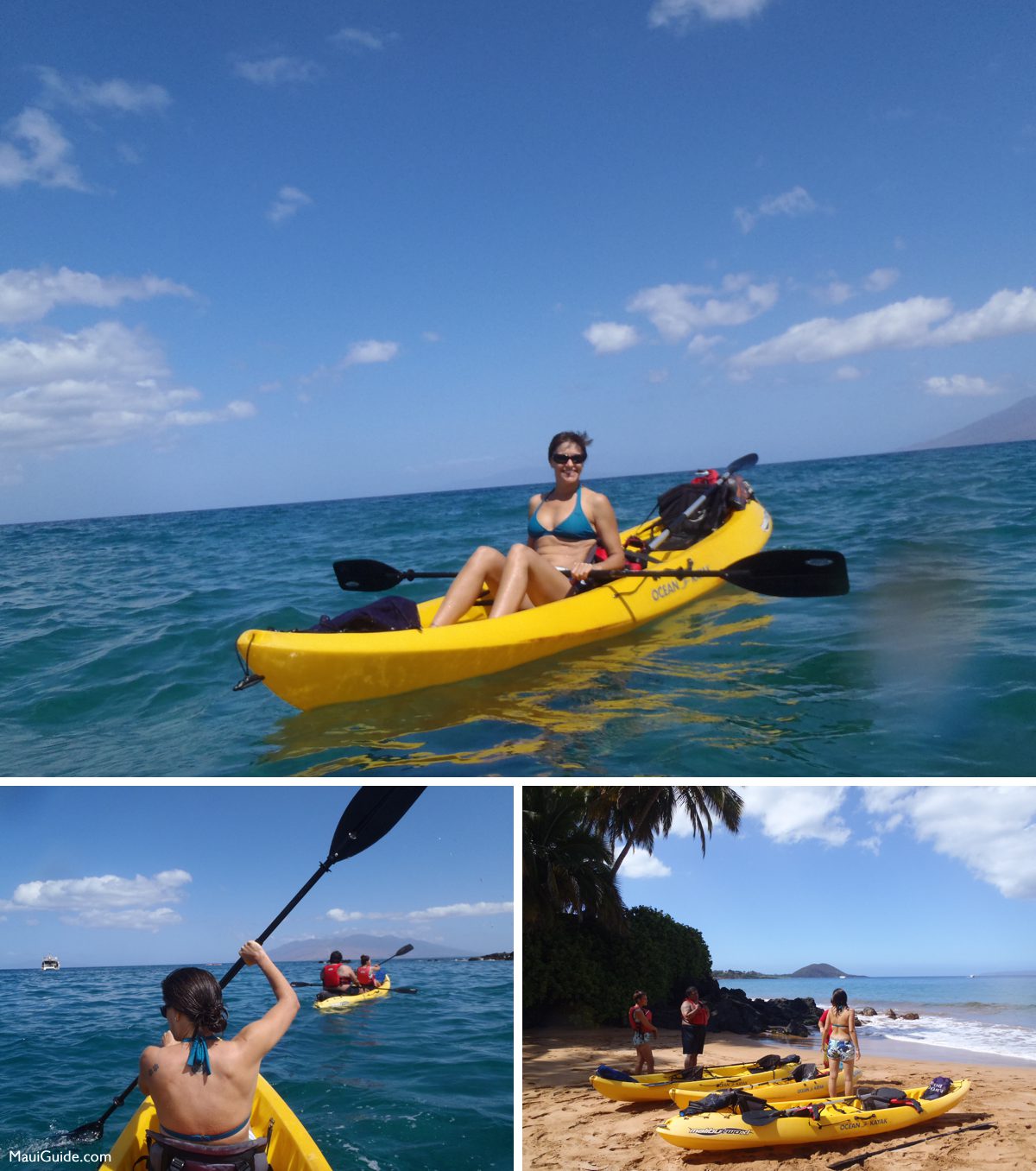 Kayakers paddling off Makena and kayaks on the beach