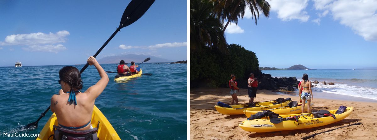 Kayaking off Makena and yellow kayaks on the beach