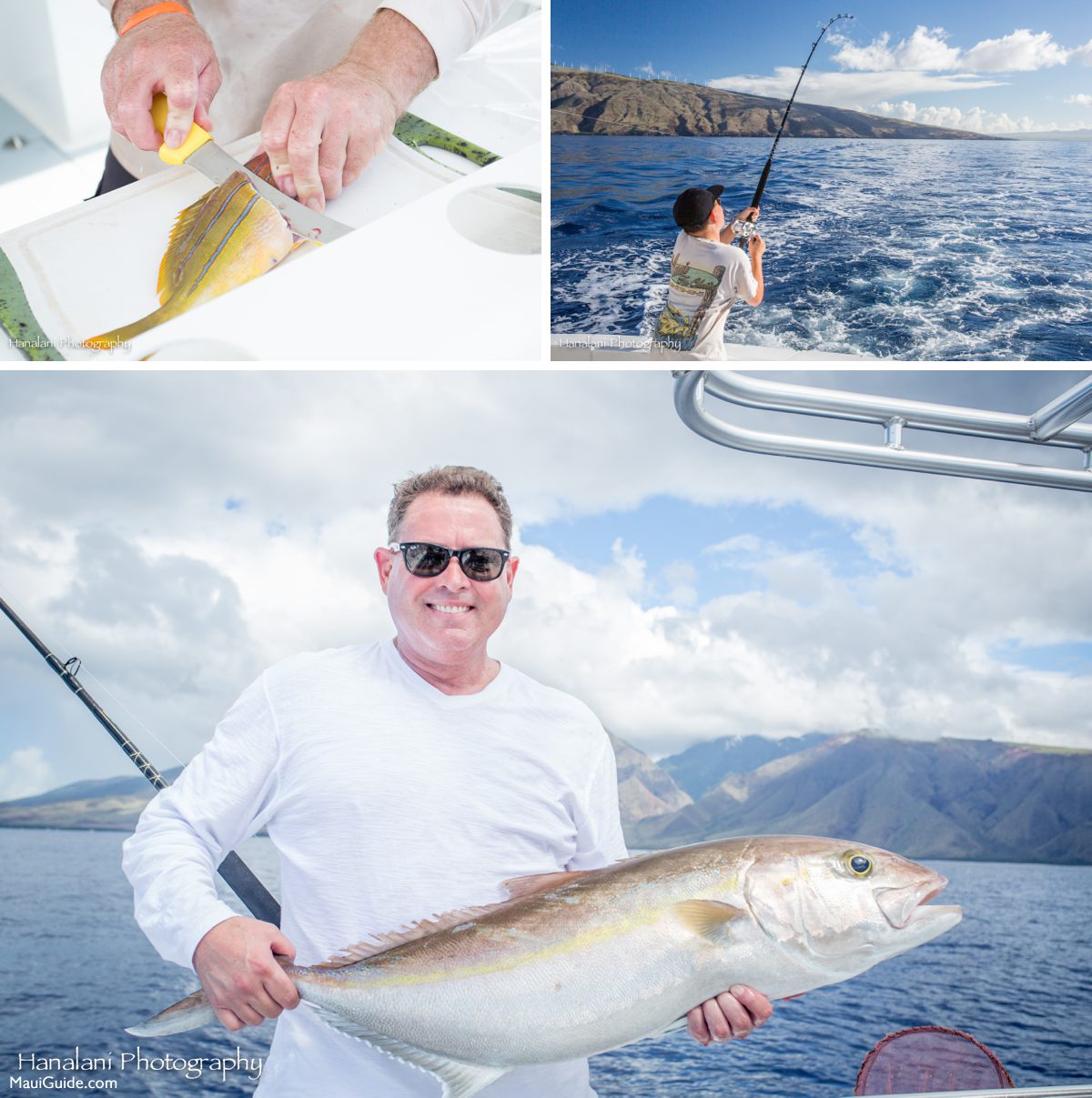 Fishing, preparing a catch, and an angler aboard Marjorie Ann off Maui