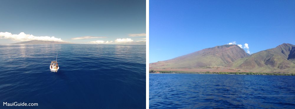 Fishing boat on blue water beside a West Maui coastal view