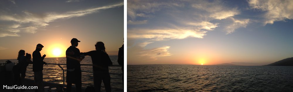 Couple dancing on a Maui sunset cruise beside an ocean sunset