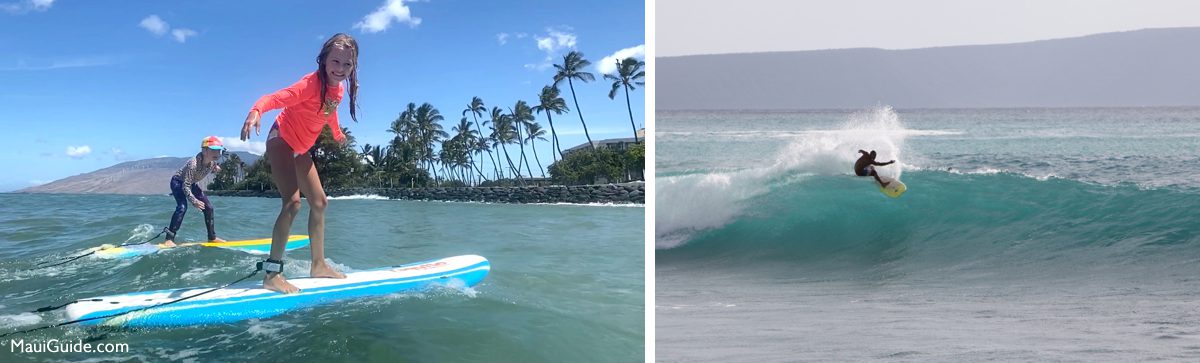Surf lesson and a surfer riding a Maui wave