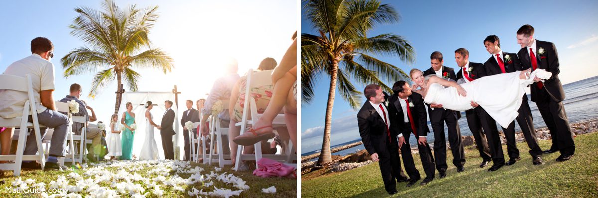 Maui beach wedding ceremony and groomsmen with the bride