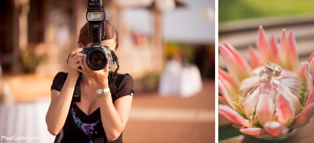 Maui wedding photographer with a camera and wedding rings on a protea