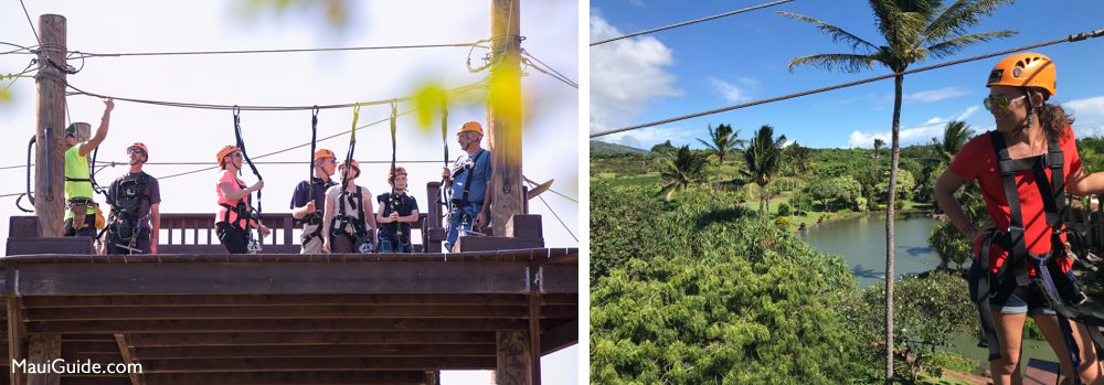 Maui Zipline orientation group and rider on a garden platform
