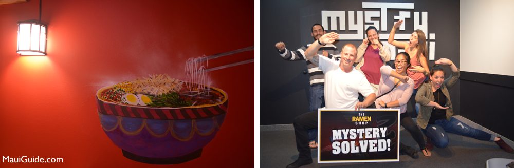 Mystery Maui ramen mural and a team celebrating their escape-room finish