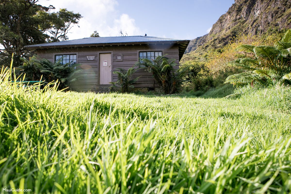 Paliku cabin beneath the green cliffs in Haleakala backcountry