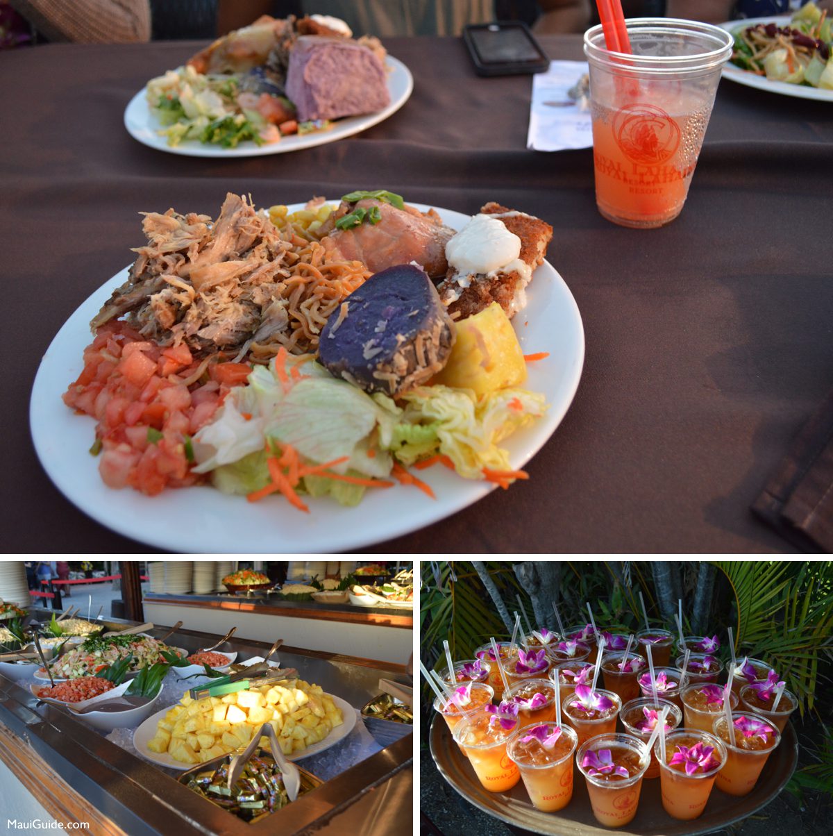 Royal Lahaina luau dinner plate, buffet dishes and tropical drinks