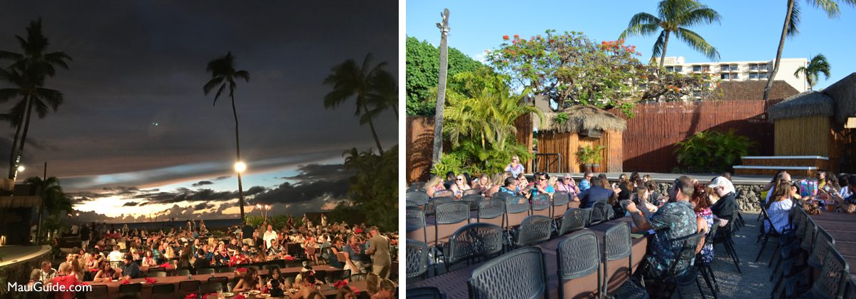 Royal Lahaina luau tables and stage views by day and at dusk
