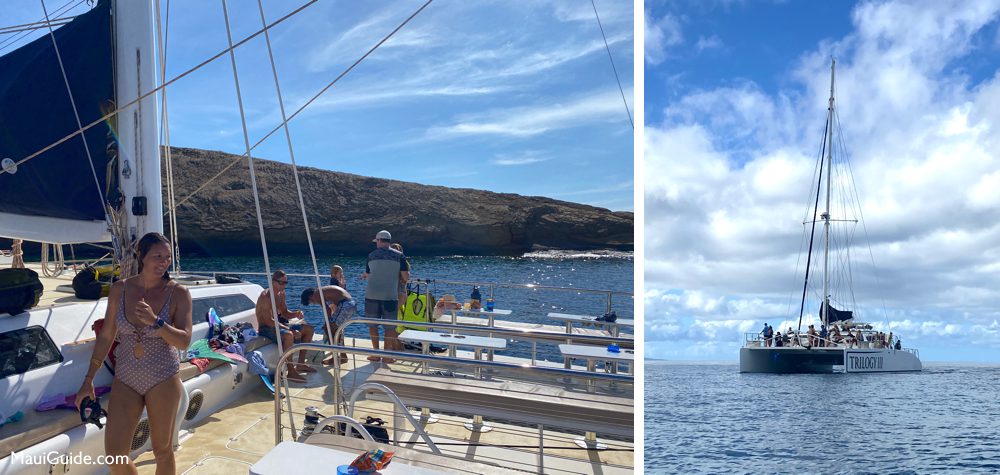 Trilogy catamaran deck and sailboat on Maui