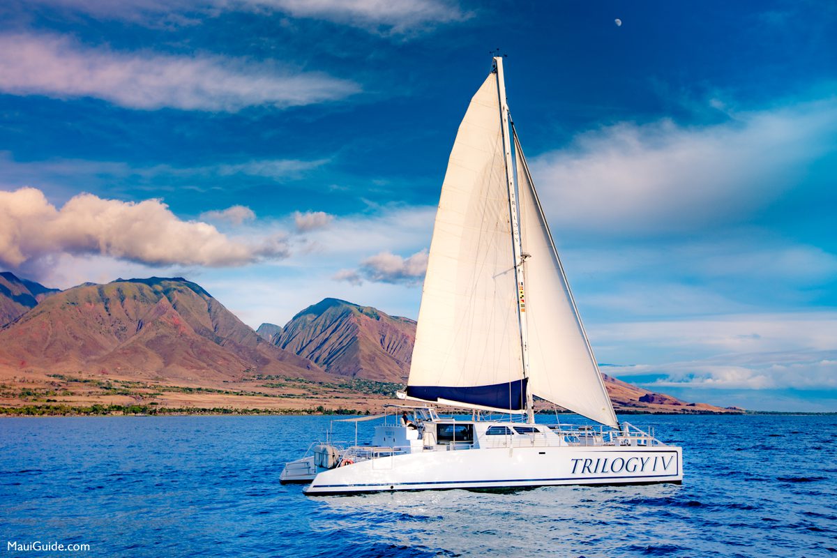 Trilogy IV sailing with the West Maui mountains behind it