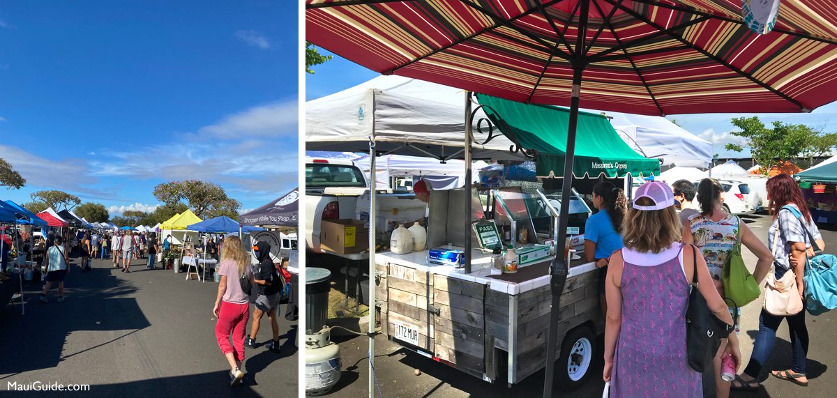 Sunny market stalls and food vendors on Maui