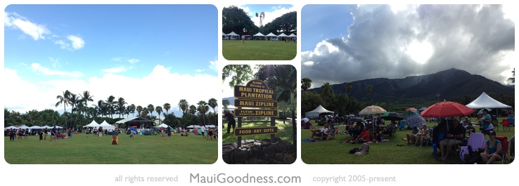 Festival tents and guests on Maui Tropical Plantation lawns in 2015